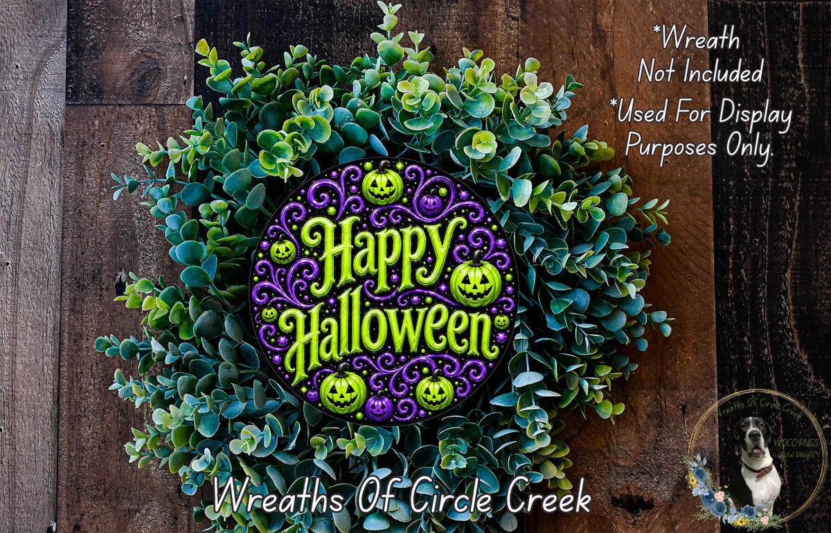 A Halloween wreath made of green foliage and purple pumpkins, with the text "Happy Halloween" displayed prominently in the center.