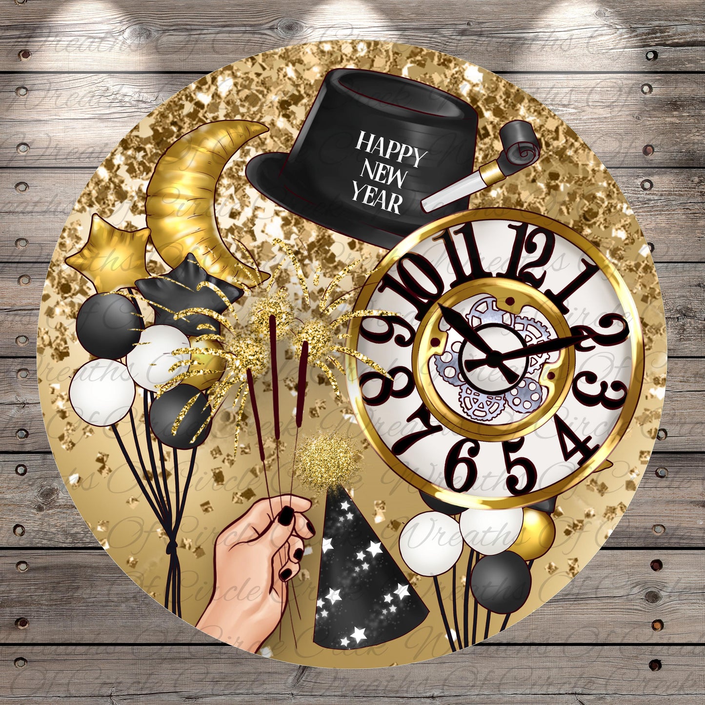 Happy New Year Clock Sign | Lightweight Round Metal Wreath Sign | No Holes in Sign | Festive Party Decor