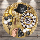 Happy New Year Clock Sign | Lightweight Round Metal Wreath Sign | No Holes in Sign | Festive Party Decor