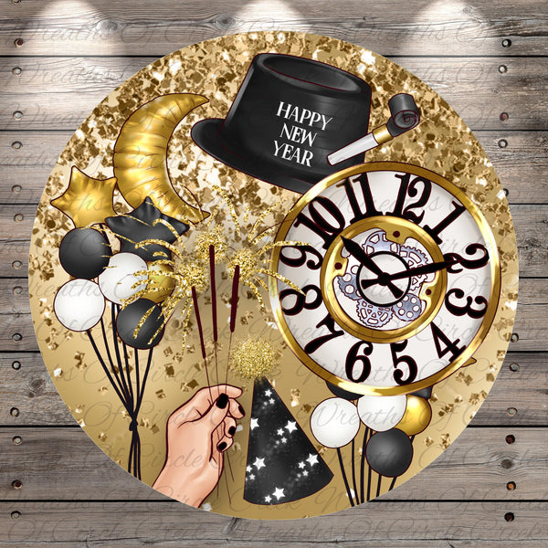 Happy New Year Clock Sign | Lightweight Round Metal Wreath Sign | No Holes in Sign | Festive Party Decor
