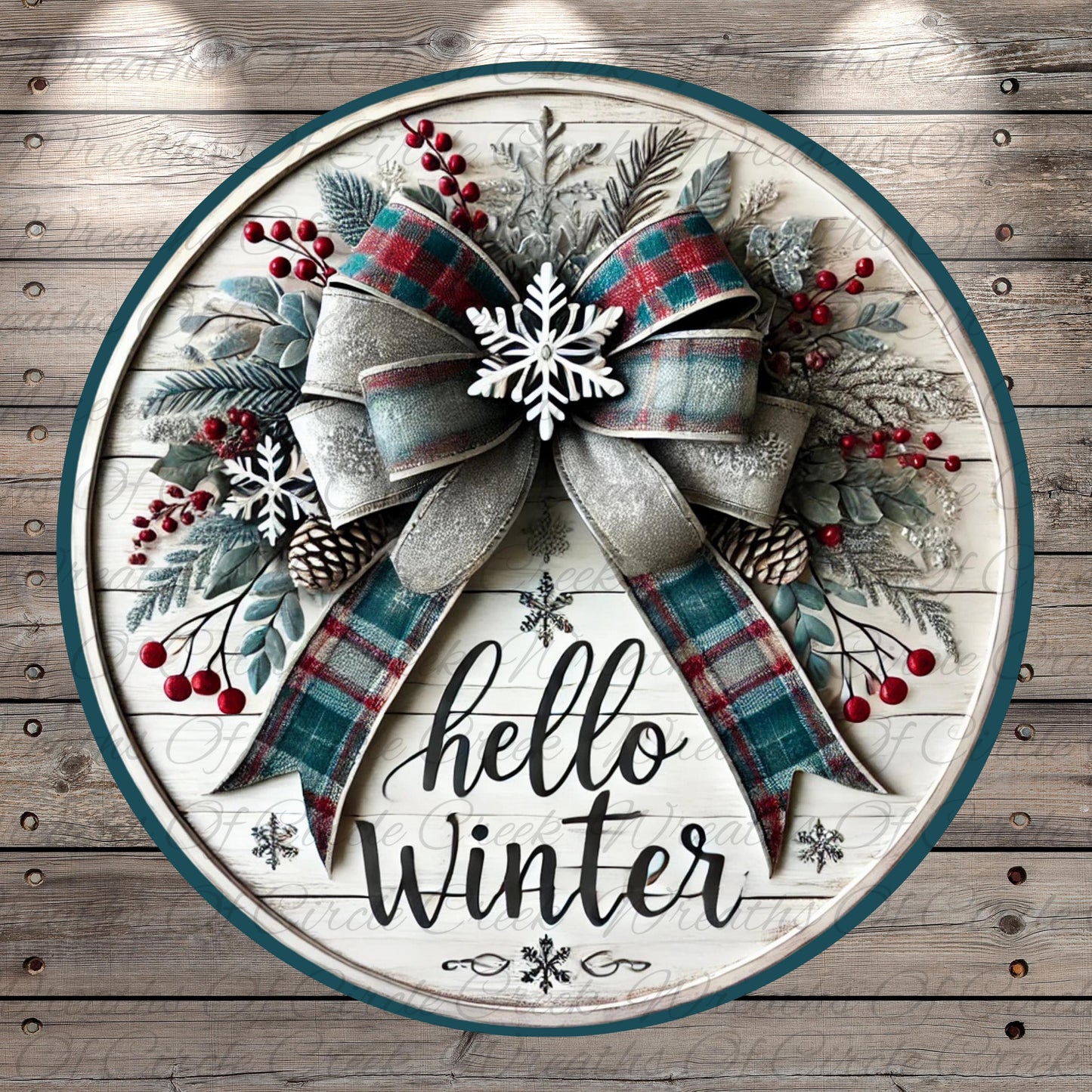 a christmas wreath on a wooden wall with the words hello winter