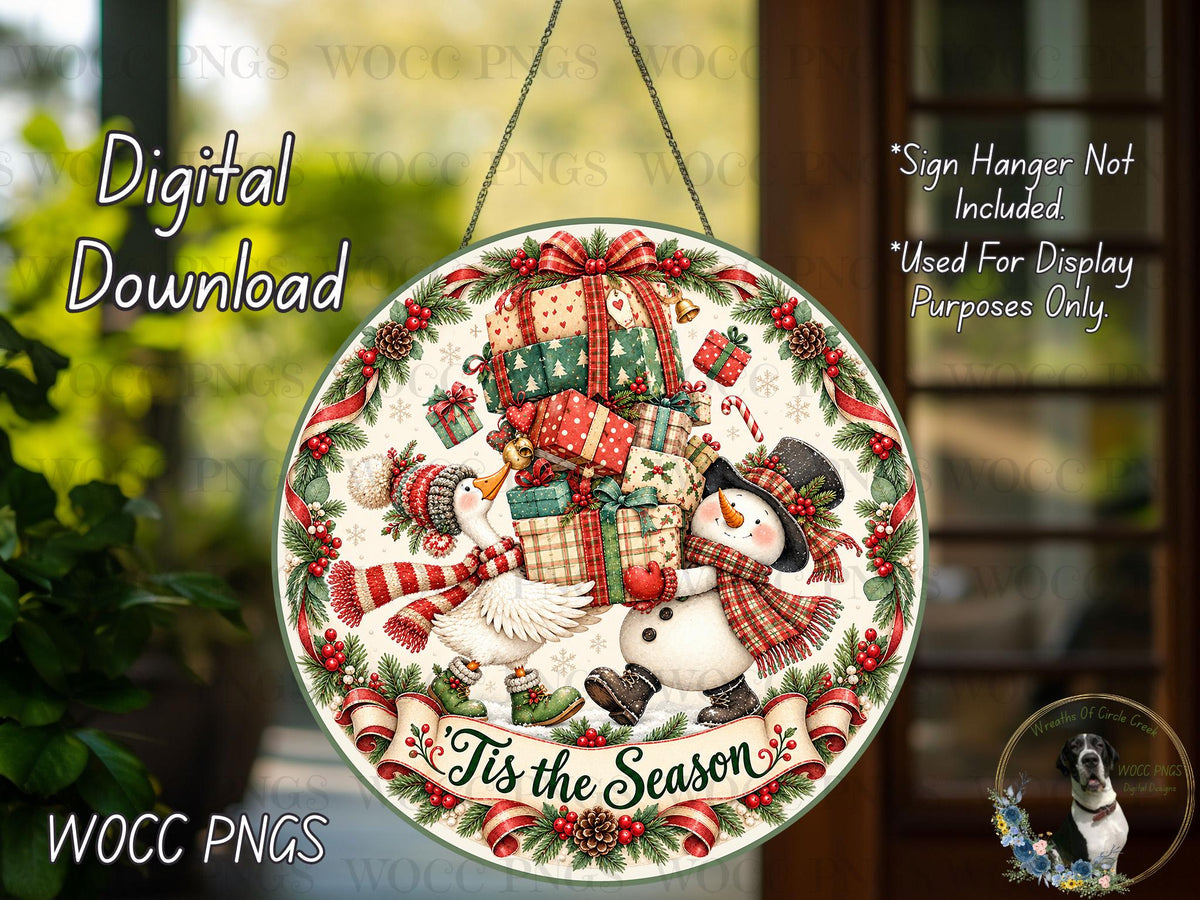 The image is a digital download of a Christmas-themed round sign with a snowman, presents, and other holiday decorations.