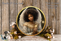 a portrait of a woman with curly hair and an angelic appearance, surrounded by a floral arrangement and a wooden background.