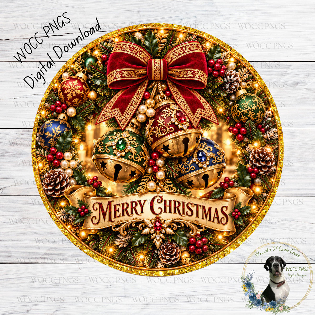 The image is a festive Christmas wreath adorned with various ornaments, including bells, pine cones, and berries, all set against a white background. The wreath is embellished with a red bow and the text "Merry Christmas" is prominently displayed.