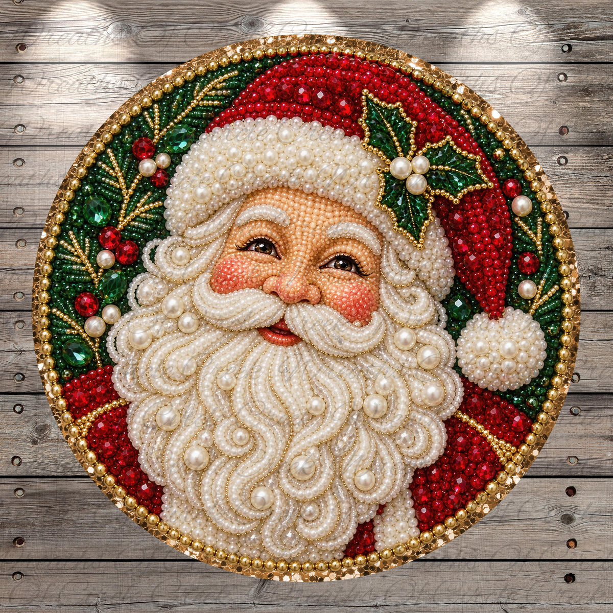 A detailed bead mosaic of a smiling Santa Claus figure, surrounded by festive elements such as berries, leaves, and pearls, all set against a wooden background.