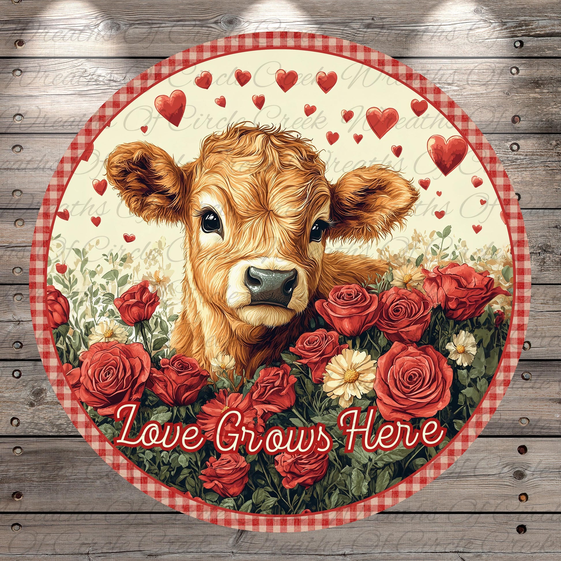 A cow surrounded by red roses and hearts, with the text "Love Grows Here" written around the image.
