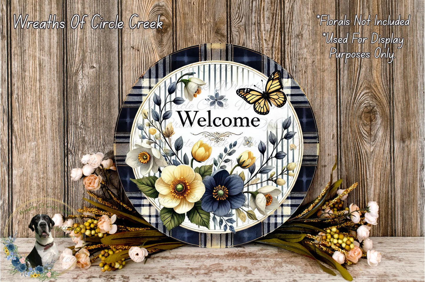 a decorative plate with a floral design, surrounded by a bouquet of flowers and a butterfly, set against a wooden background.