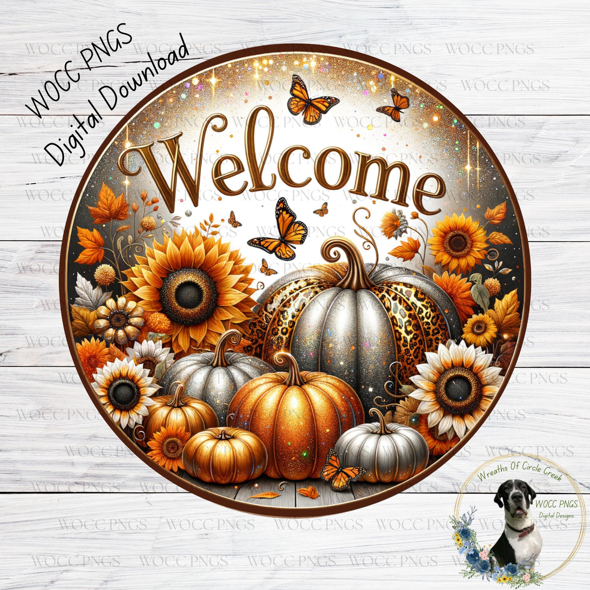 The image is a digital illustration featuring a welcome sign with a sunflower, leopard print pumpkins, and butterflies. The sign is surrounded by a circular arrangement of pumpkins and sunflowers, creating a festive and autumnal atmosphere.