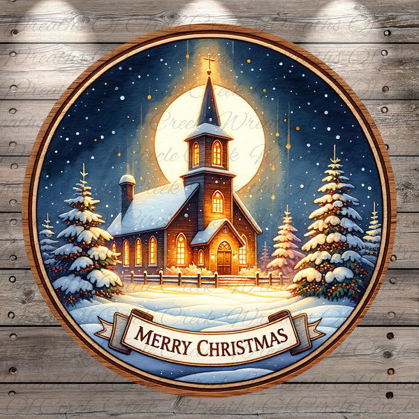 A circular Christmas-themed illustration depicting a church with a glowing cross, surrounded by snow-covered trees and a full moon, with the text "Merry Christmas" at the bottom.