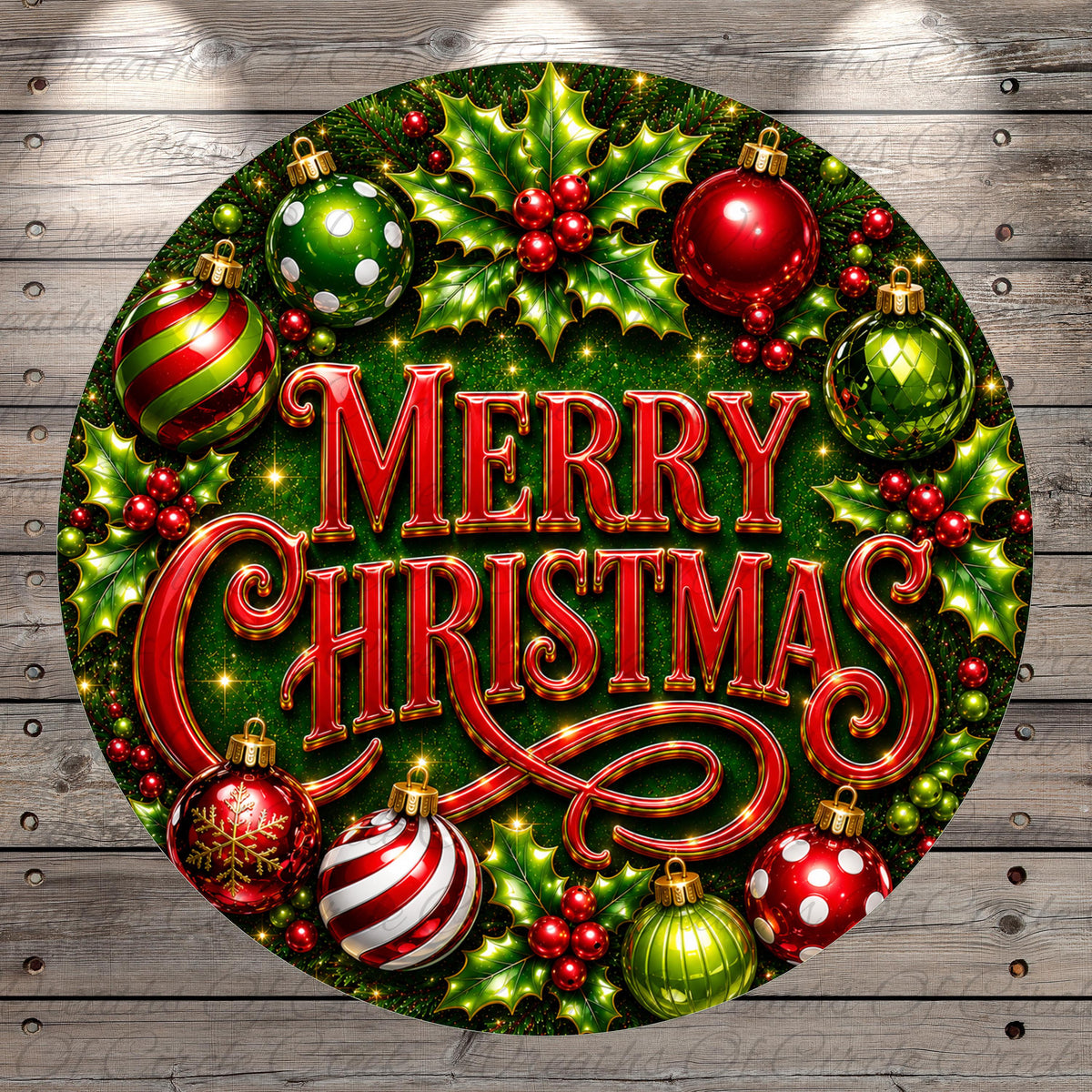 A festive Christmas wreath with the text "Merry Christmas" displayed prominently in the center. The wreath is adorned with various Christmas ornaments, including red, green, and striped balls, as well as holly leaves and berries.