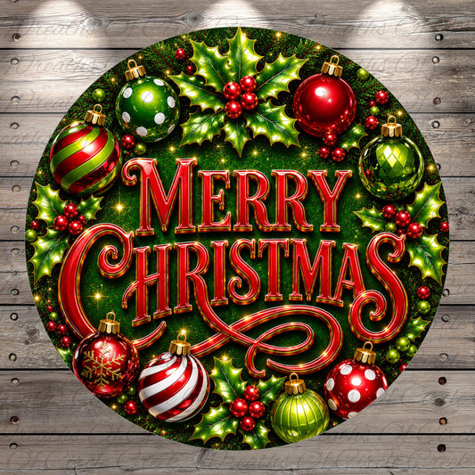 A festive Christmas wreath with the text "Merry Christmas" displayed prominently in the center. The wreath is adorned with various Christmas ornaments, including red, green, and striped balls, as well as holly leaves and berries.