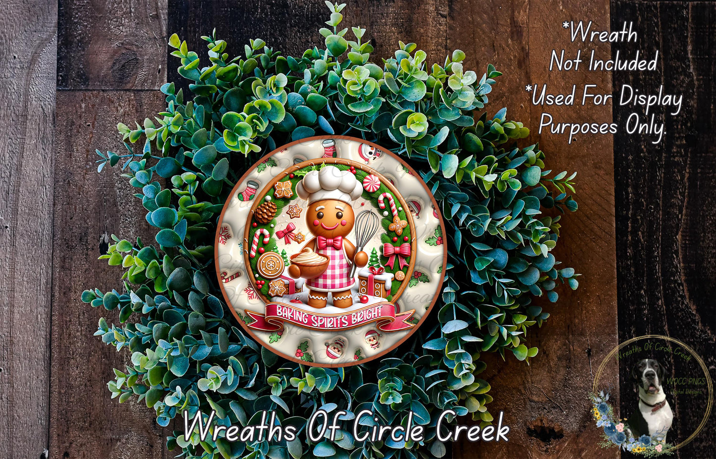 A wreath made of green foliage and featuring a gingerbread man figure, with a decorative plate in the center displaying the text "Baking Spirits Right".