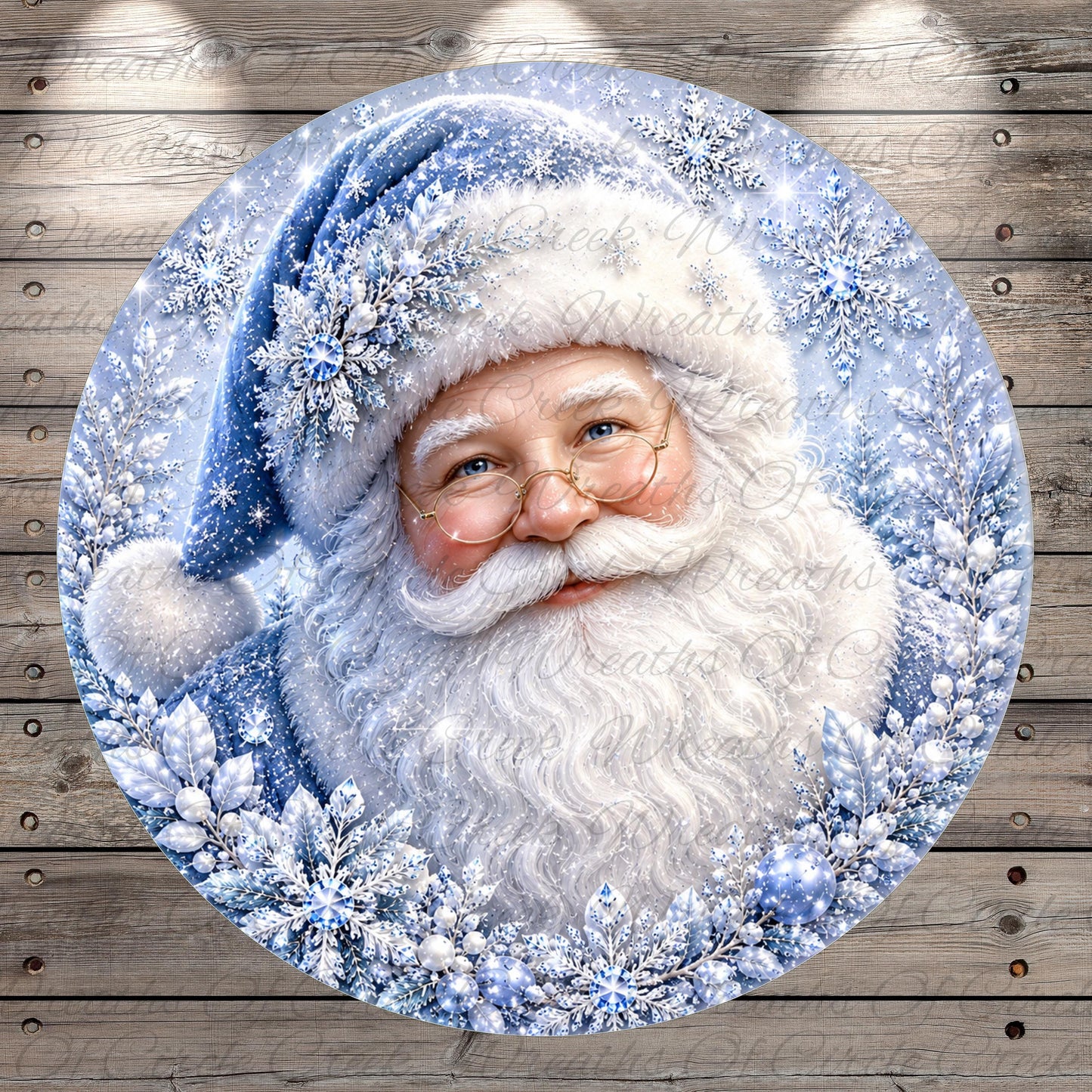 A round, decorative image depicting a smiling, bearded Santa Claus wearing a blue hat and coat, surrounded by snowflakes and a wreath.