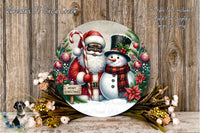A festive Christmas wreath featuring Santa Claus and a snowman, surrounded by holiday decorations such as flowers and ornaments.