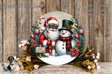 A festive Christmas wreath featuring Santa Claus and a snowman, surrounded by holiday decorations such as flowers and ornaments.