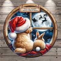 A dog and a rabbit are sitting together, looking out a window at a full moon and reindeer flying by.