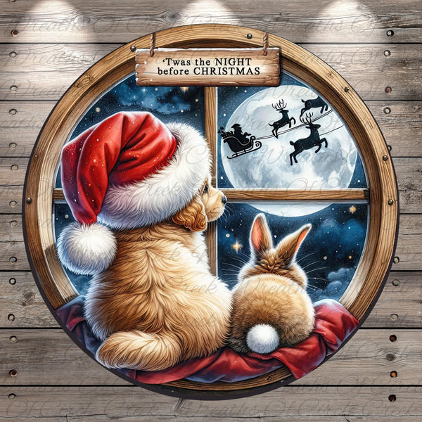 A dog and a rabbit are sitting together, looking out a window at a full moon and reindeer flying by.