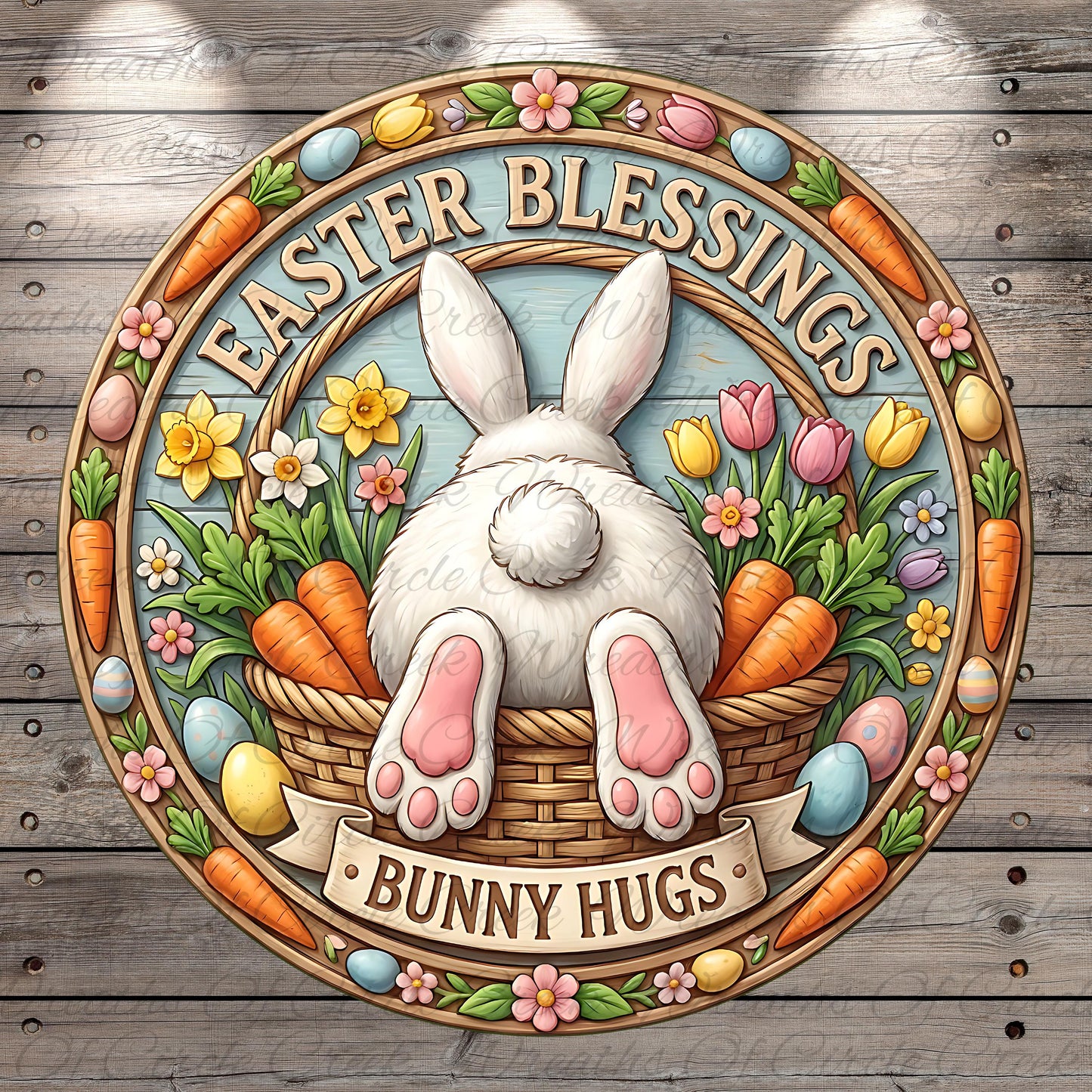 A decorative Easter-themed sign featuring a white bunny sitting in a basket filled with flowers and carrots, surrounded by a wreath of flowers and a banner that reads "Bunny Hugs".