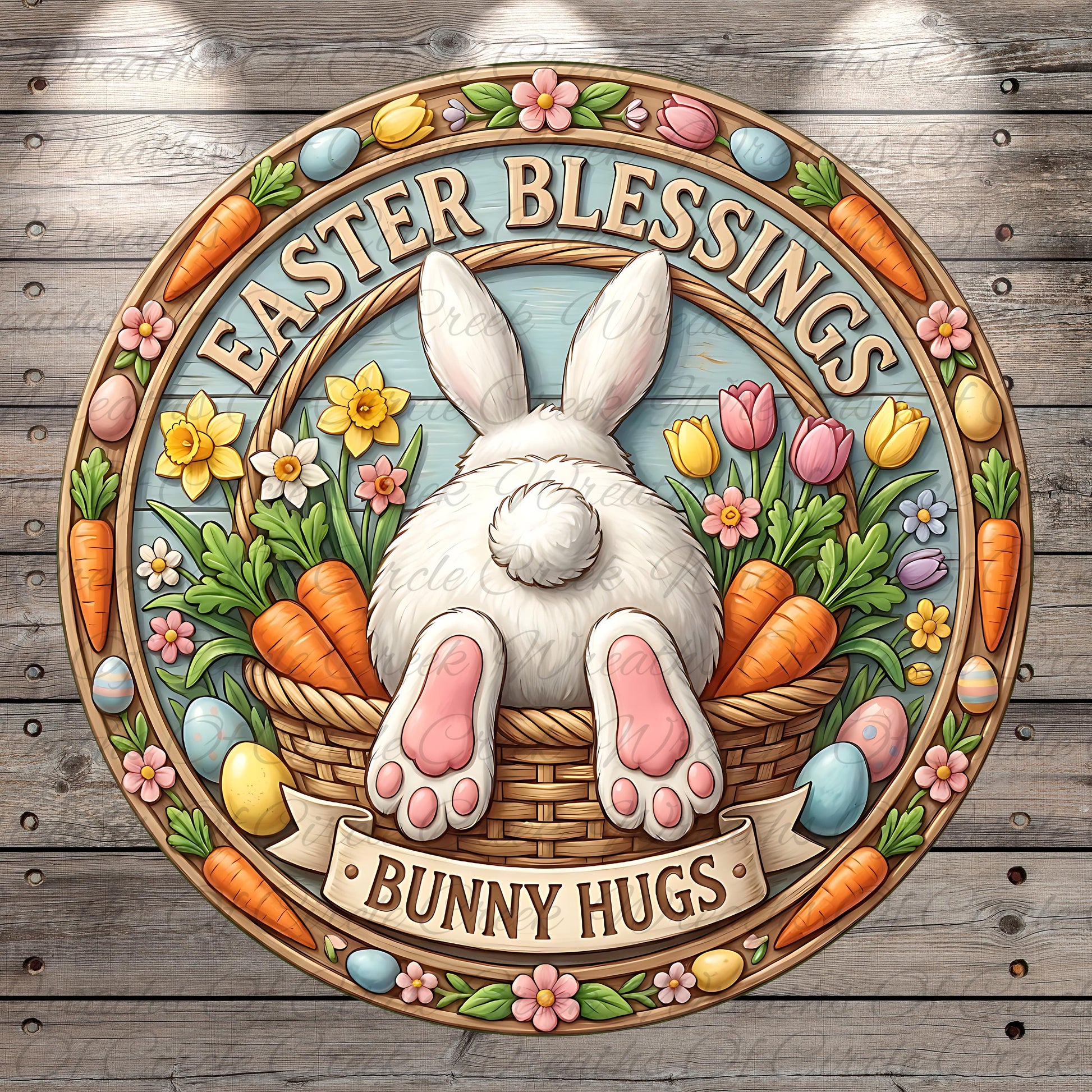 A decorative Easter-themed sign featuring a white bunny sitting in a basket filled with flowers and carrots, surrounded by a wreath of flowers and a banner that reads "Bunny Hugs".