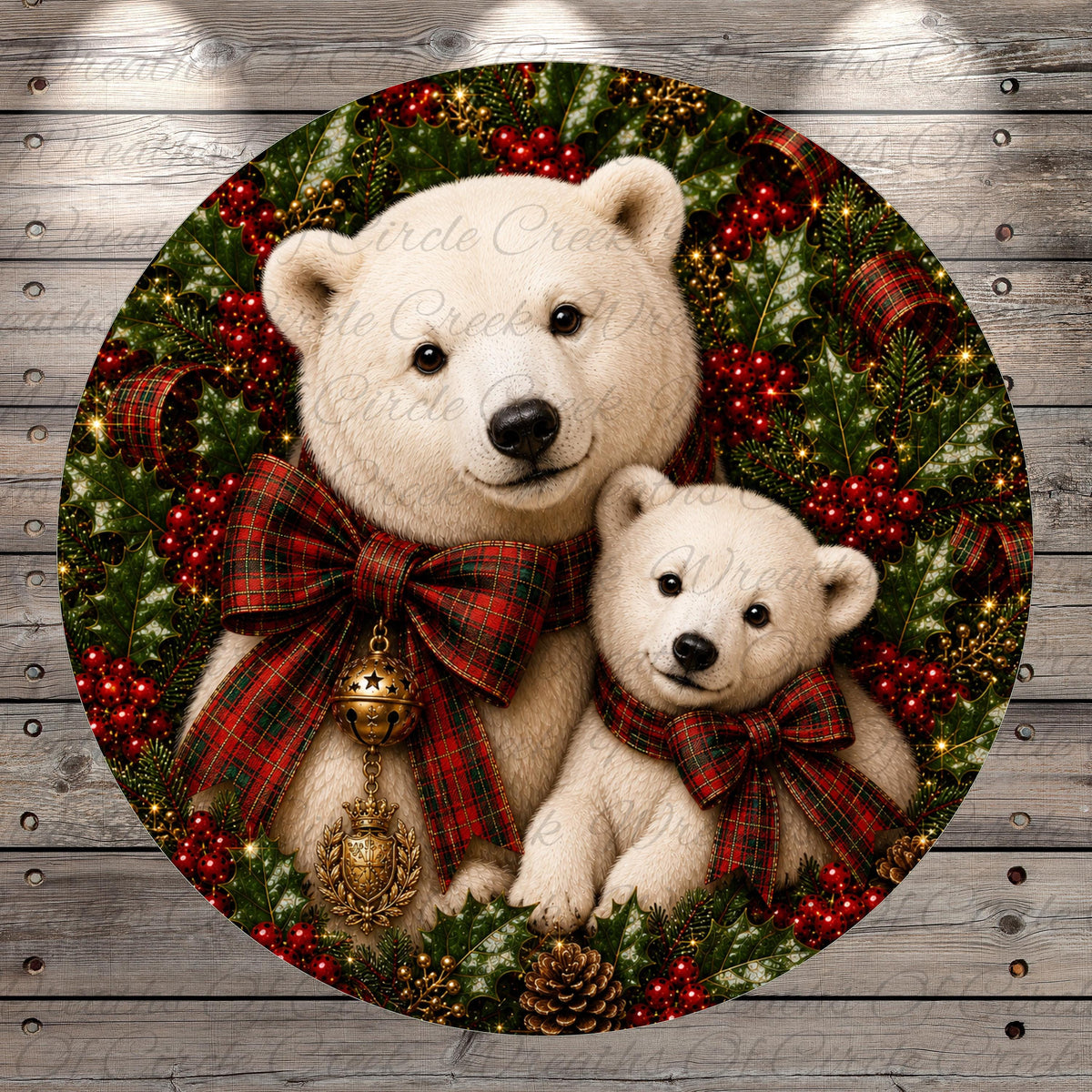 A festive Christmas wreath with two white polar bears wearing plaid bows and bells, surrounded by red berries and pine cones.