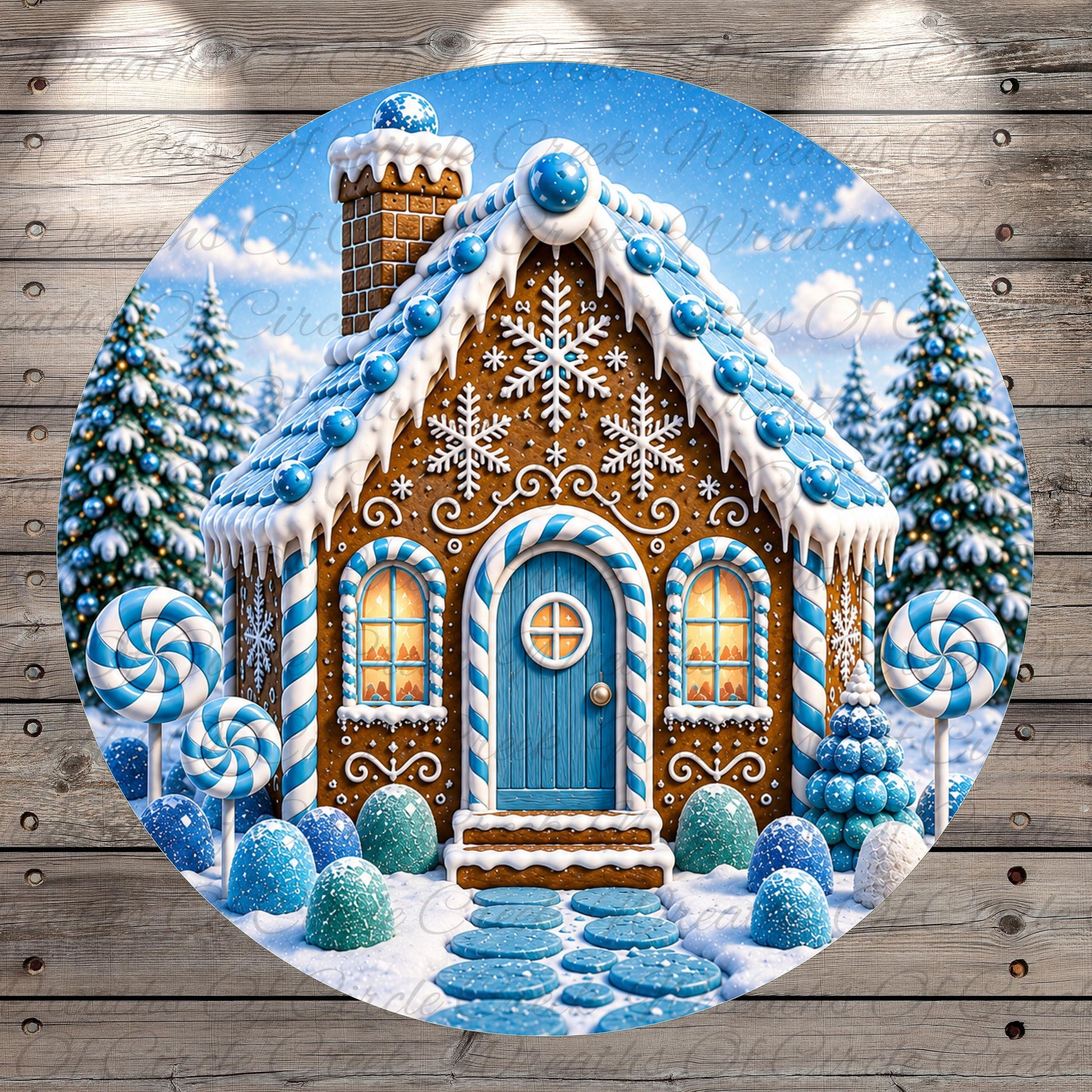 A beautifully decorated gingerbread house with blue and white snowflakes, surrounded by candy canes and other festive decorations, set against a snowy winter landscape with pine trees.