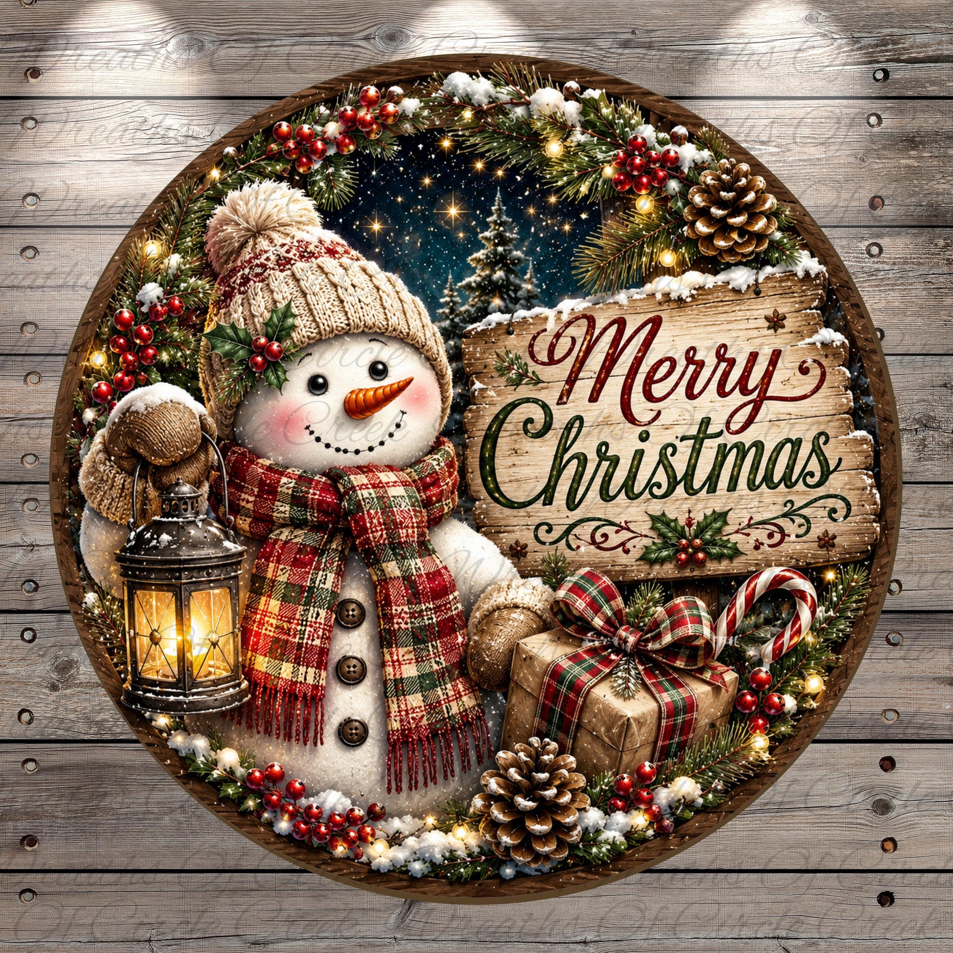 A snowman holding a lantern and a gift box, surrounded by a wreath of pine cones, berries, and a "Merry Christmas" sign, against a starry night sky background.