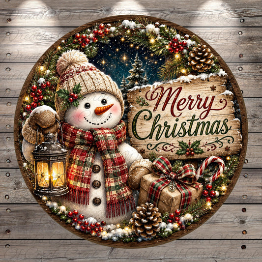 A snowman holding a lantern and a gift box, surrounded by a wreath of pine cones, berries, and a "Merry Christmas" sign, against a starry night sky background.