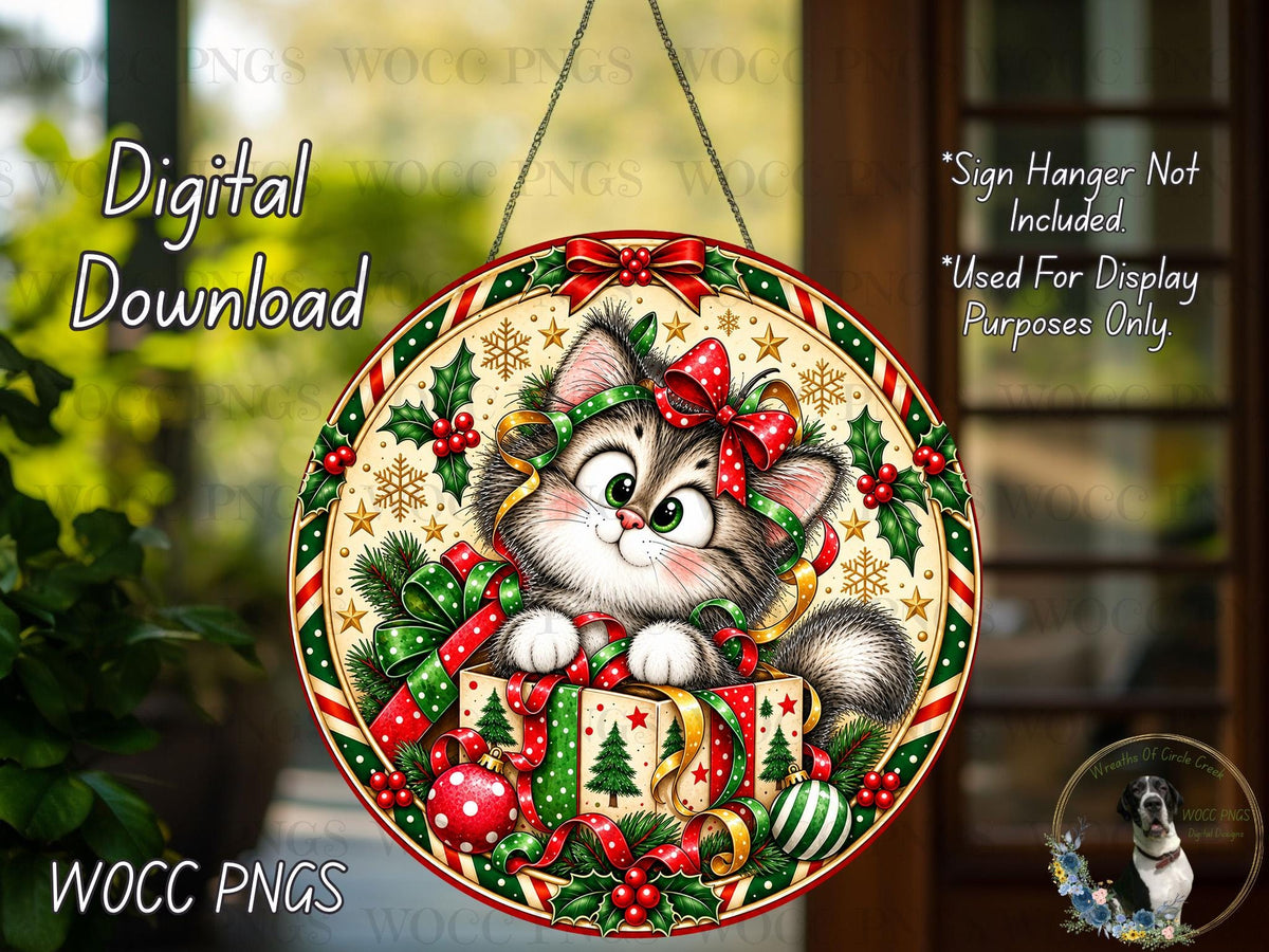 A digital download of a Christmas-themed round sign featuring a cartoon cat surrounded by holiday decorations such as snowflakes, pine branches, and ornaments.