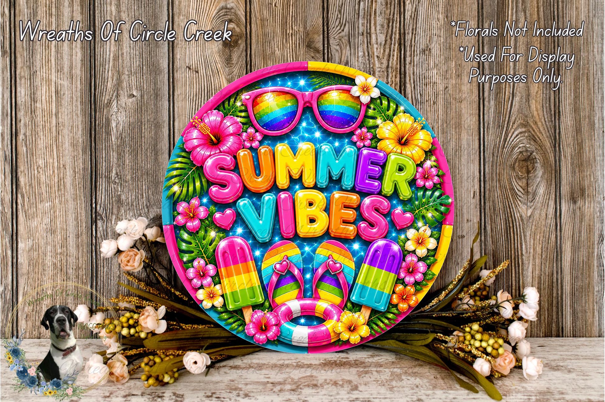 A colorful sign with the words "Summer Vibes" surrounded by various summer-themed objects such as sunglasses, flowers, and flip-flops, all set against a rustic wooden background.