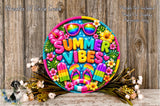 A colorful sign with the words "Summer Vibes" surrounded by various summer-themed objects such as sunglasses, flowers, and flip-flops, all set against a rustic wooden background.