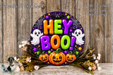 a Halloween-themed sign with the text "Hey Boo!" surrounded by various Halloween-related elements such as pumpkins, bats, and ghostly figures. The sign is displayed on a wooden surface, with a floral arrangement and some flowers nearby.