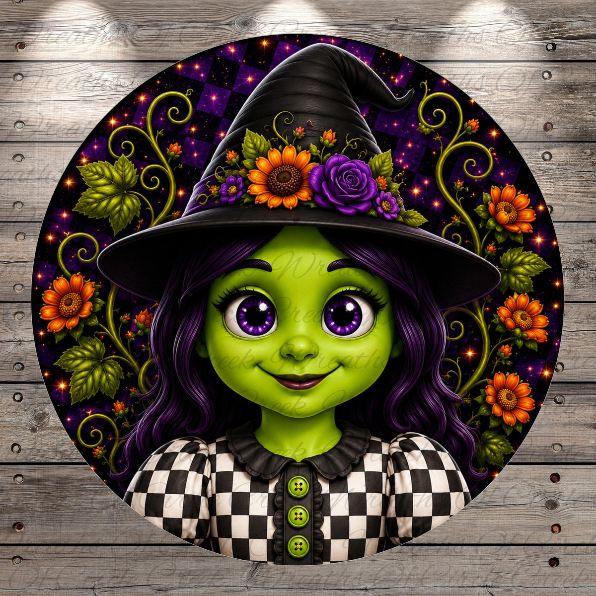 A whimsical illustration of a green-skinned, purple-haired girl wearing a witch's hat adorned with flowers, set against a background of purple and orange flowers and leaves.