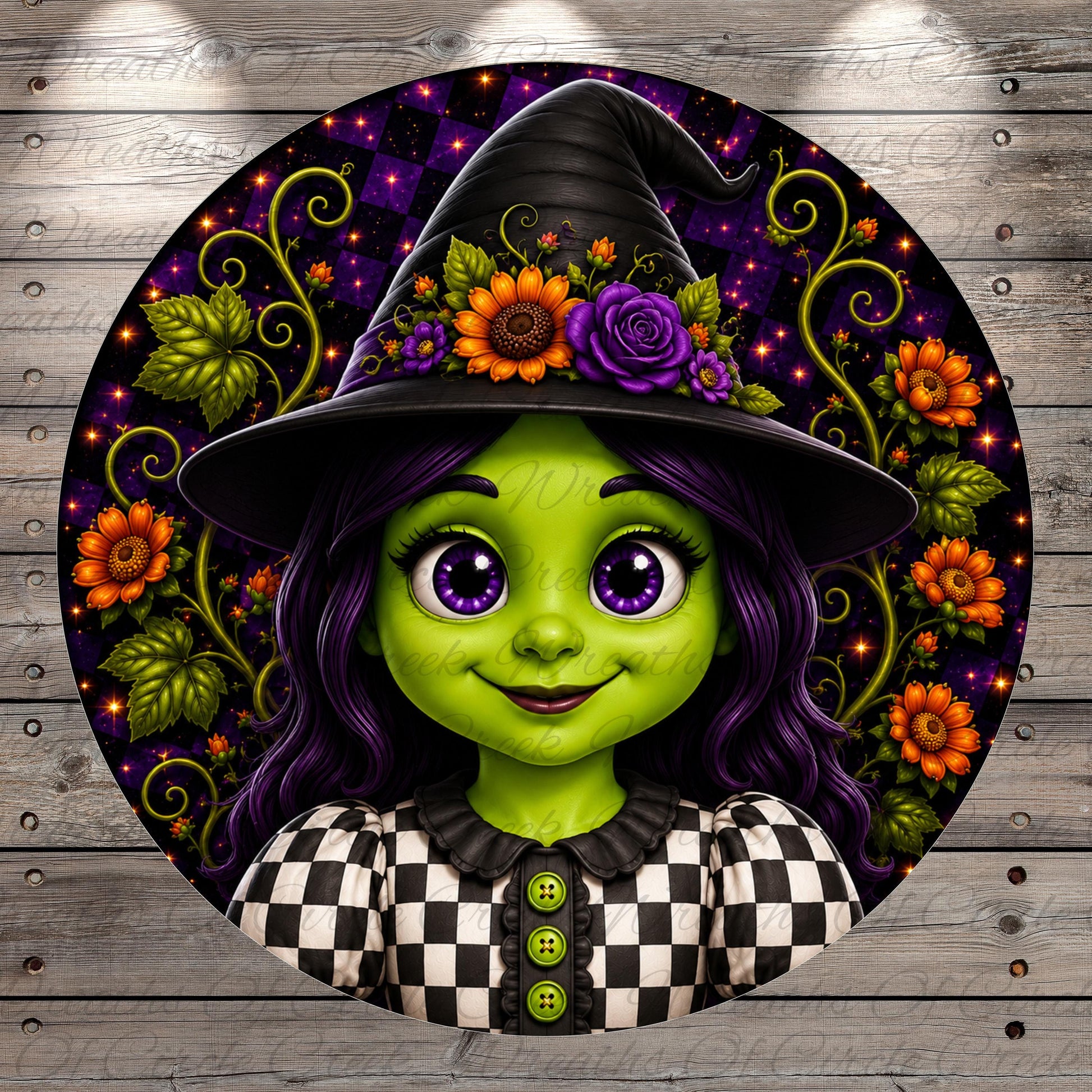A whimsical illustration of a green-skinned, purple-haired girl wearing a witch's hat adorned with flowers, set against a background of purple and orange flowers and leaves.