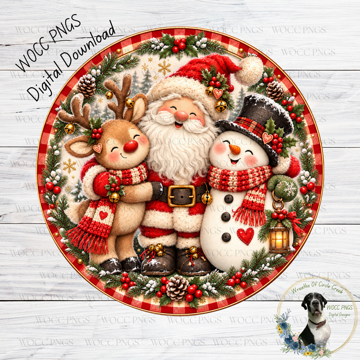 A festive Christmas scene featuring Santa Claus, a snowman, and reindeer, all surrounded by a wreath and berries.