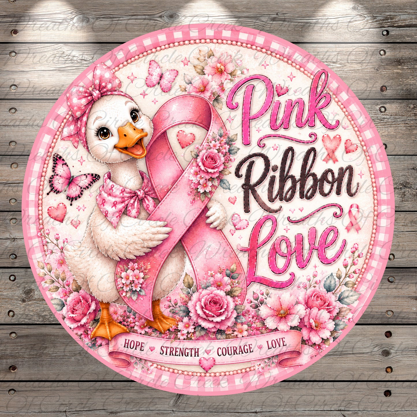 a pink ribbon and a duck holding it, surrounded by pink flowers and butterflies. The text "Pink Ribbon Love" is written around the image.