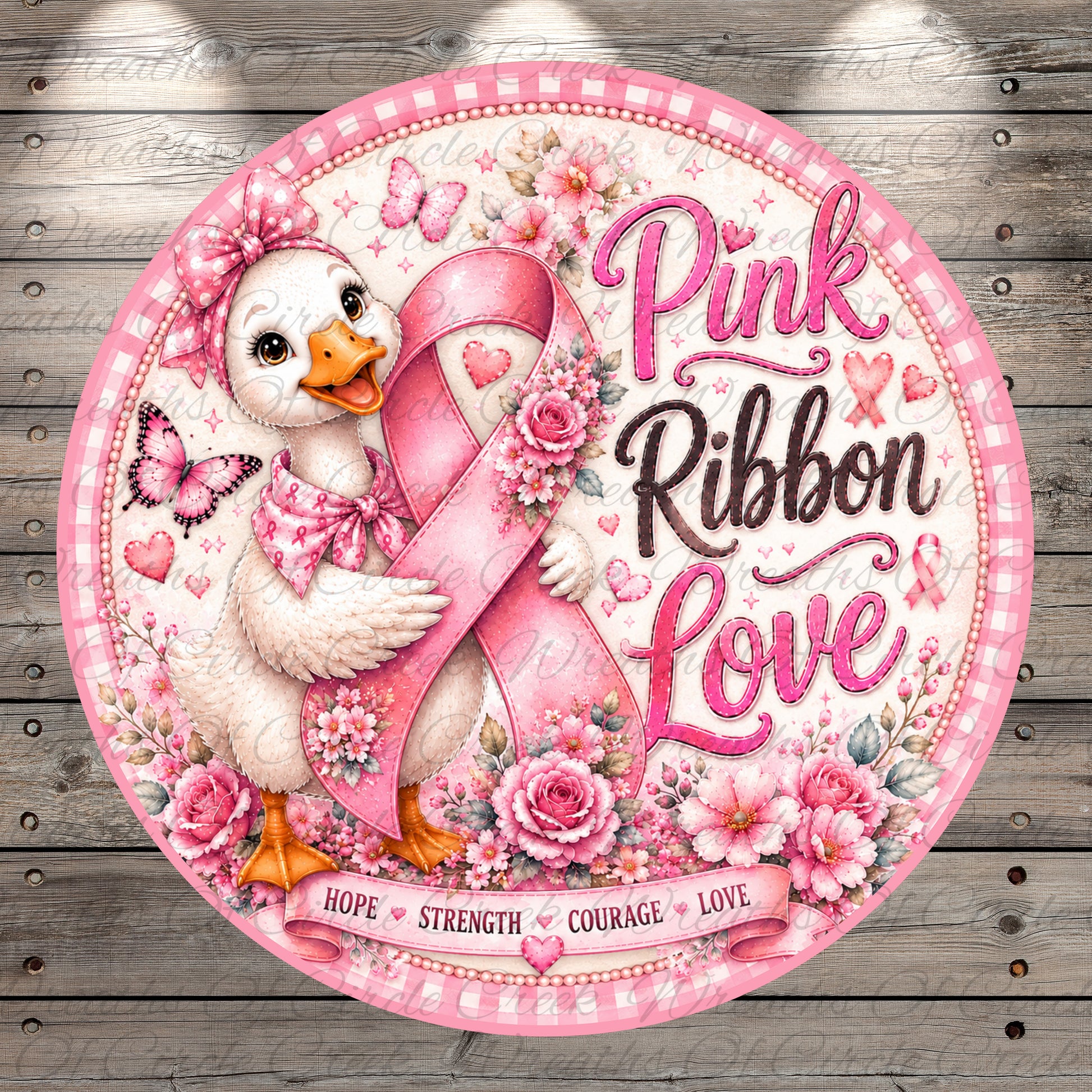 a pink ribbon and a duck holding it, surrounded by pink flowers and butterflies. The text "Pink Ribbon Love" is written around the image.