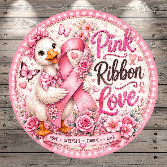 a pink ribbon and a duck holding it, surrounded by pink flowers and butterflies. The text "Pink Ribbon Love" is written around the image.