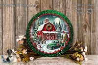 A decorative plate featuring a winter scene with a red barn, Christmas trees, and a snowman, surrounded by a wreath and flowers.
