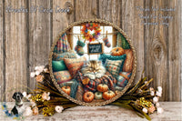 a wreath with a sleeping cat, surrounded by autumn-themed elements such as pumpkins, flowers, and a "Welcome Fall" sign.