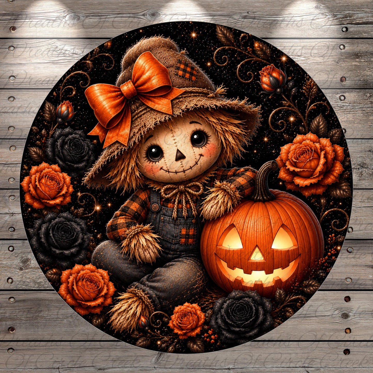 A Halloween-themed illustration featuring a scarecrow-like figure holding a carved pumpkin, surrounded by autumn-colored flowers and leaves.
