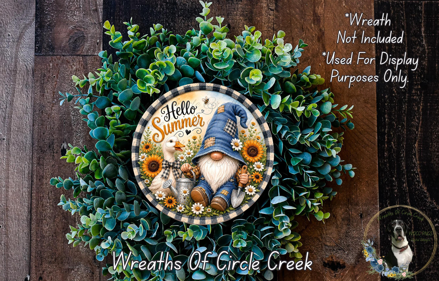 A wreath with a gnome and flowers, surrounded by greenery, with the text "Hello Summer" and "Wreaths of Circle Creek" displayed.