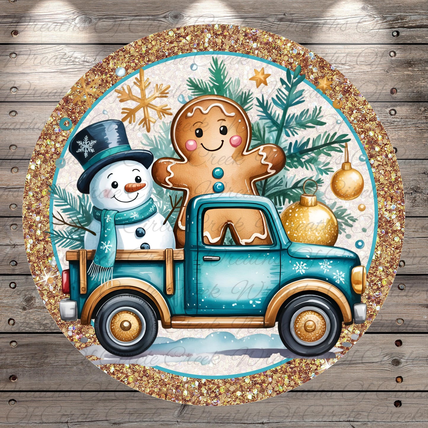 A snowman and a gingerbread man are depicted in a blue truck, surrounded by Christmas decorations such as a snowflake, pine tree, and ornaments.