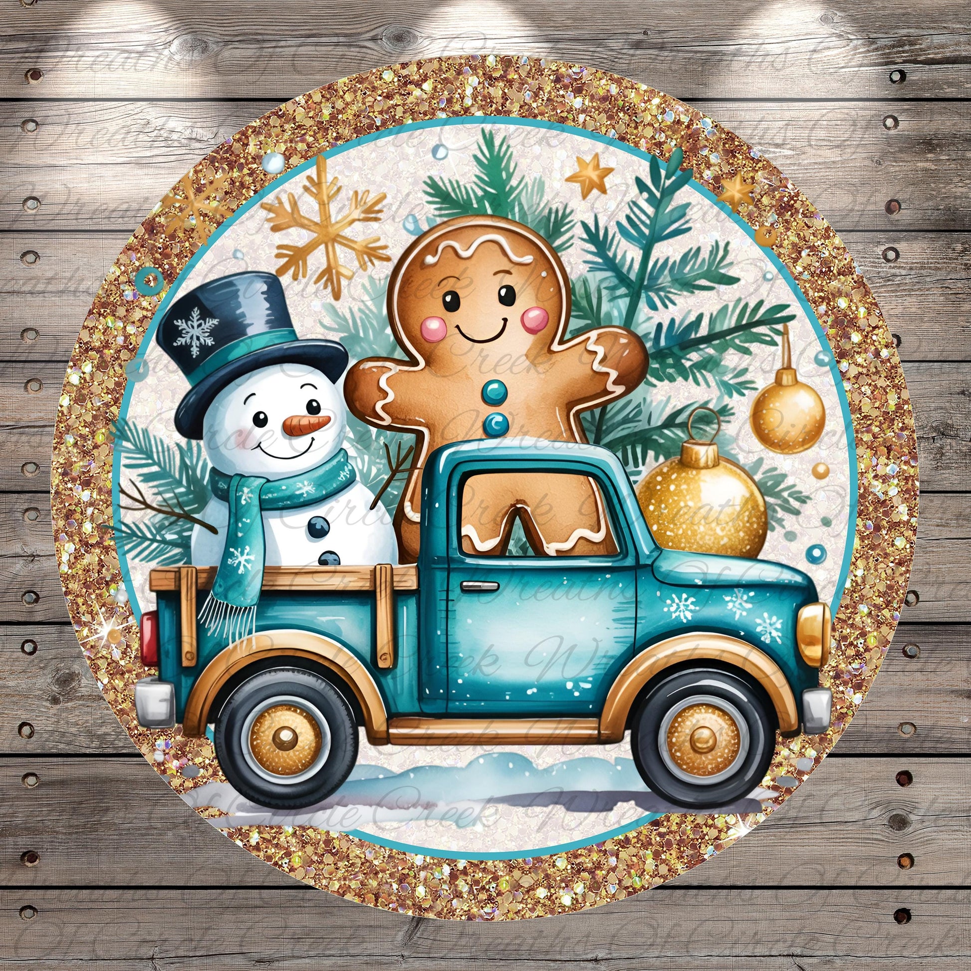 A snowman and a gingerbread man are depicted in a blue truck, surrounded by Christmas decorations such as a snowflake, pine tree, and ornaments.