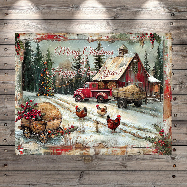 A vintage red truck is driving down a snowy road, carrying a load of hay, with a red barn and chickens in the background. The scene is framed by a rustic wooden border, and the text "Merry Christmas Happy New Year!" is displayed above the truck.