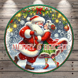 Santa Claus and a woman are dancing together in a snowy winter scene, surrounded by festive decorations and the text "MERRY & BRIGHT".
