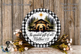 a decorative plate with a nativity scene and a quote about the greatest gift of all, Matthew 1:21. The plate is surrounded by a floral arrangement and a wooden background.