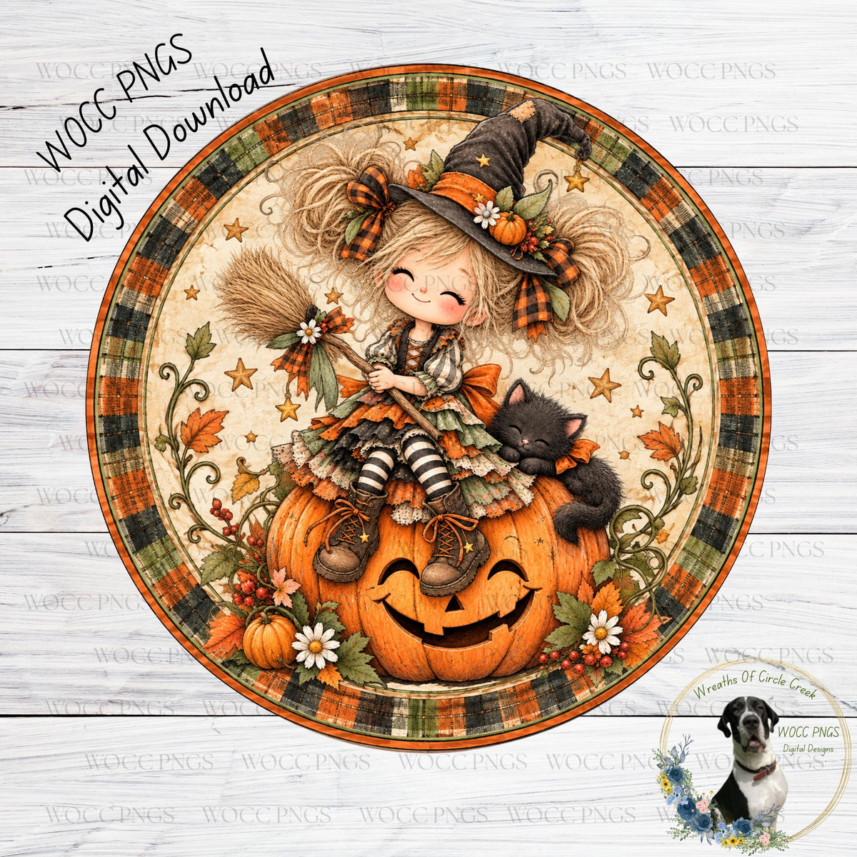 A whimsical illustration depicting a young girl in a witch's hat sitting on a carved pumpkin, surrounded by autumn foliage and flowers.