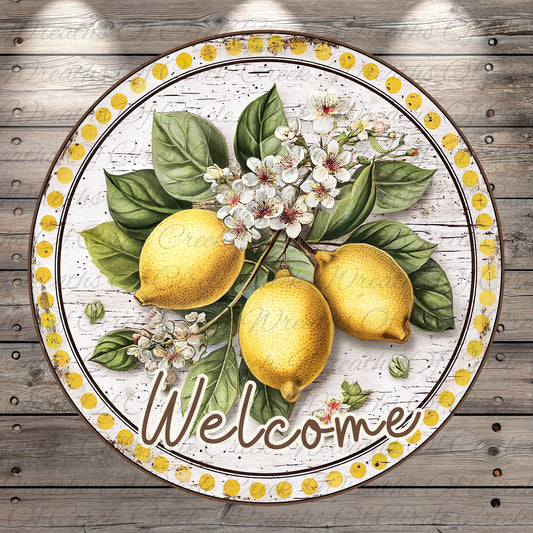A circular welcome sign featuring a vibrant illustration of lemons, flowers, and leaves.