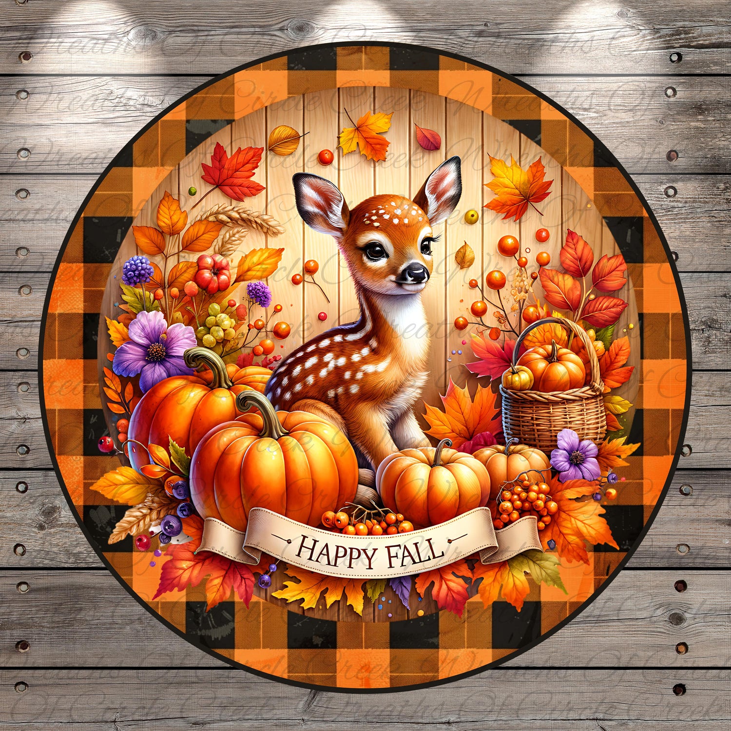A deer sits amidst a vibrant autumn scene, surrounded by pumpkins, berries, and a basket of apples. The text "Happy Fall" is displayed below the deer, creating a festive and seasonal atmosphere.