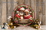 A festive Christmas wreath featuring Santa Claus and an elderly woman, surrounded by flowers and greenery. The wreath is displayed on a wooden surface, and there is text indicating that the wreath is not intended for display purposes and is used for Christmas-related purposes only.